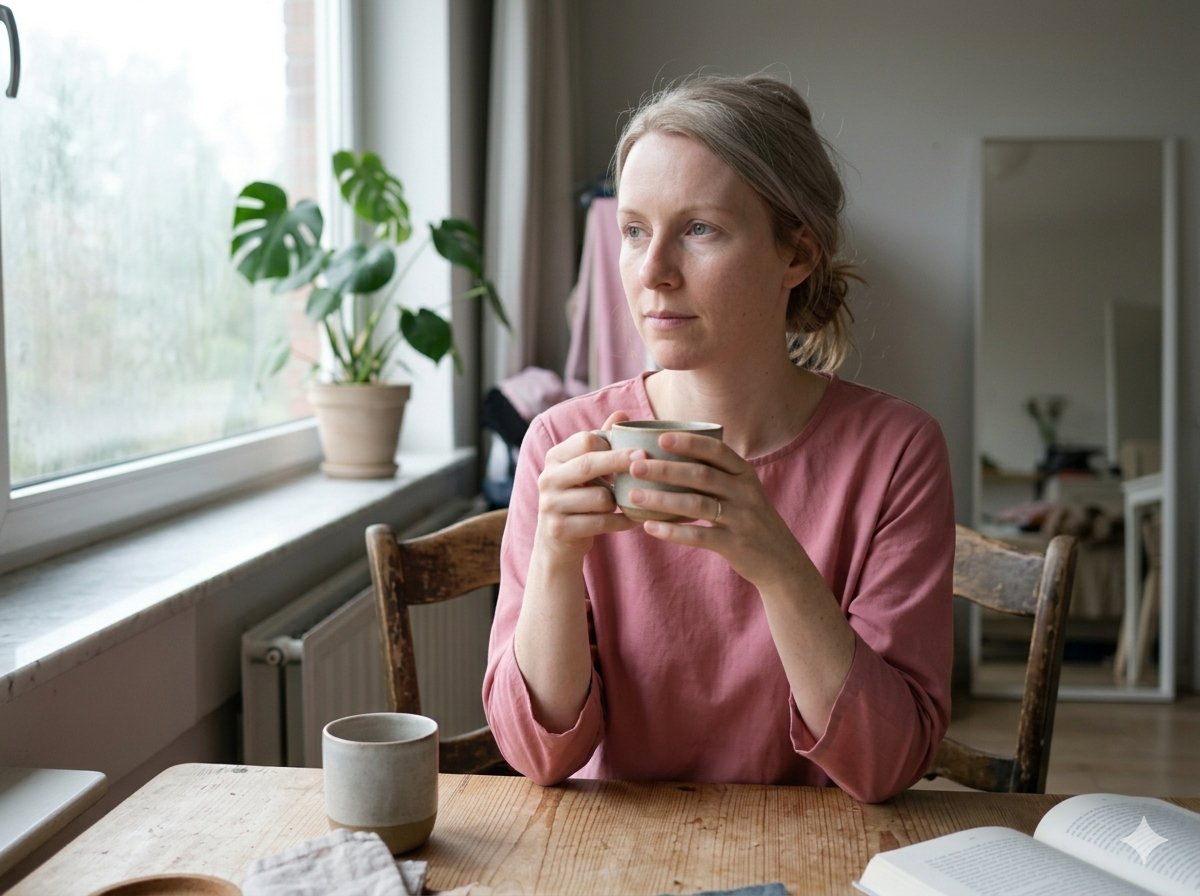 Vrouw in een roze trui zit aan een tafel bij een raam en houdt een kopje vast met twee handen