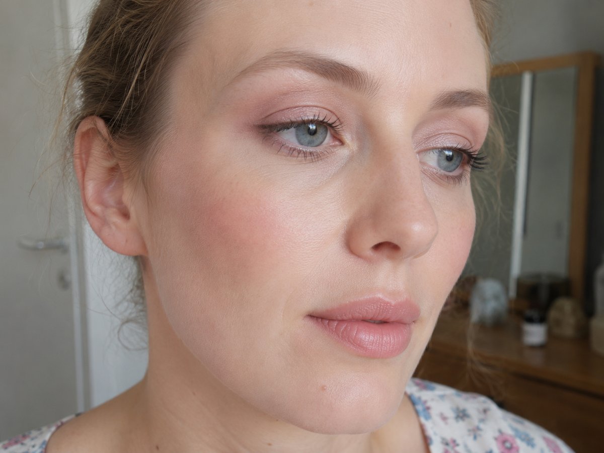 Zomer helder make-up met poederroze oogschaduw, zachte mascara en licht rozig nude lippen