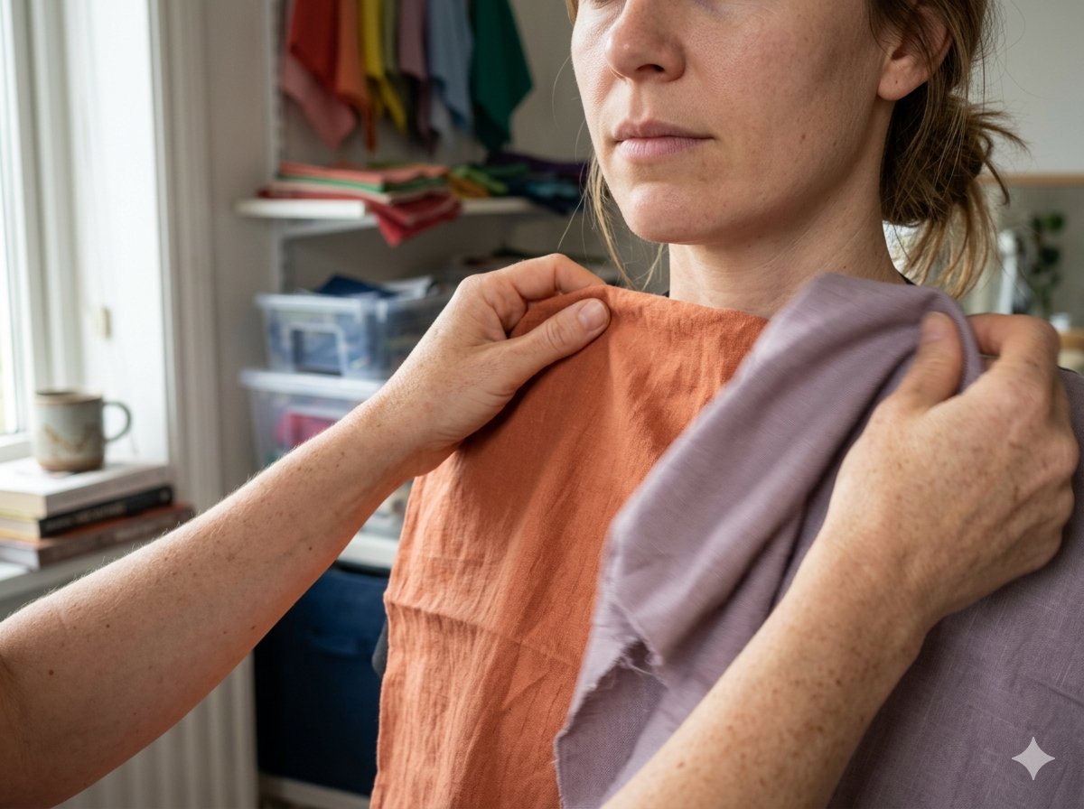 Handen die een stof op de schouder van een vrouw leggen tijdens een kleuranalyse draping-test