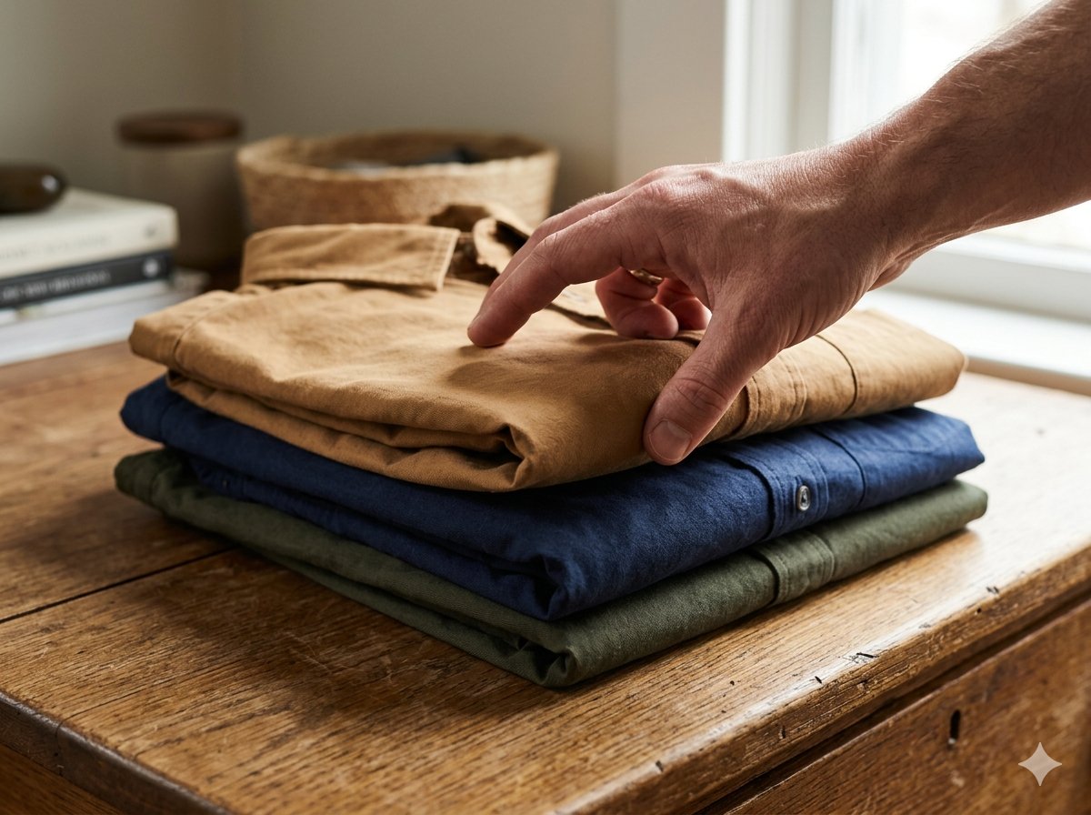 Hand die reikt naar een stapel gevouwen hemden op een houten tafel
