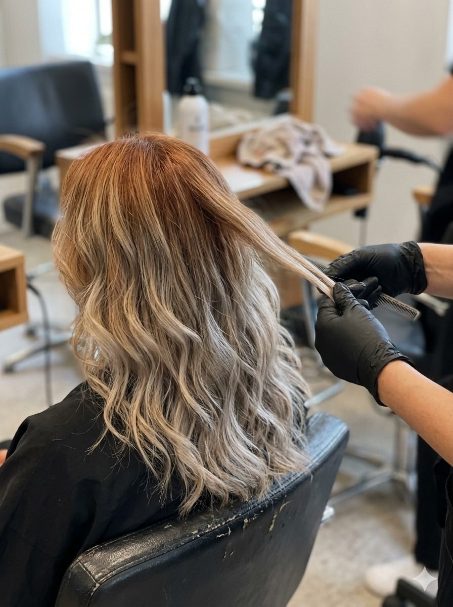 Voor- en navergeliking van de correctie van een oranje geworden balayage naar harmonieus asblond door gerichte voorontkleuring en neutralisatie
