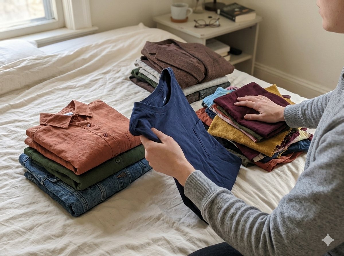 Persoon die stapels gevouwen kleding sorteert op een bed, met kledingstukken in verschillende kleuren