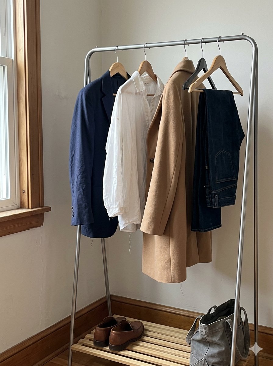 Kledingrek met een minimale selectie: marineblauw jasje, wit overhemd, kamelkleurige jas en donkere broek