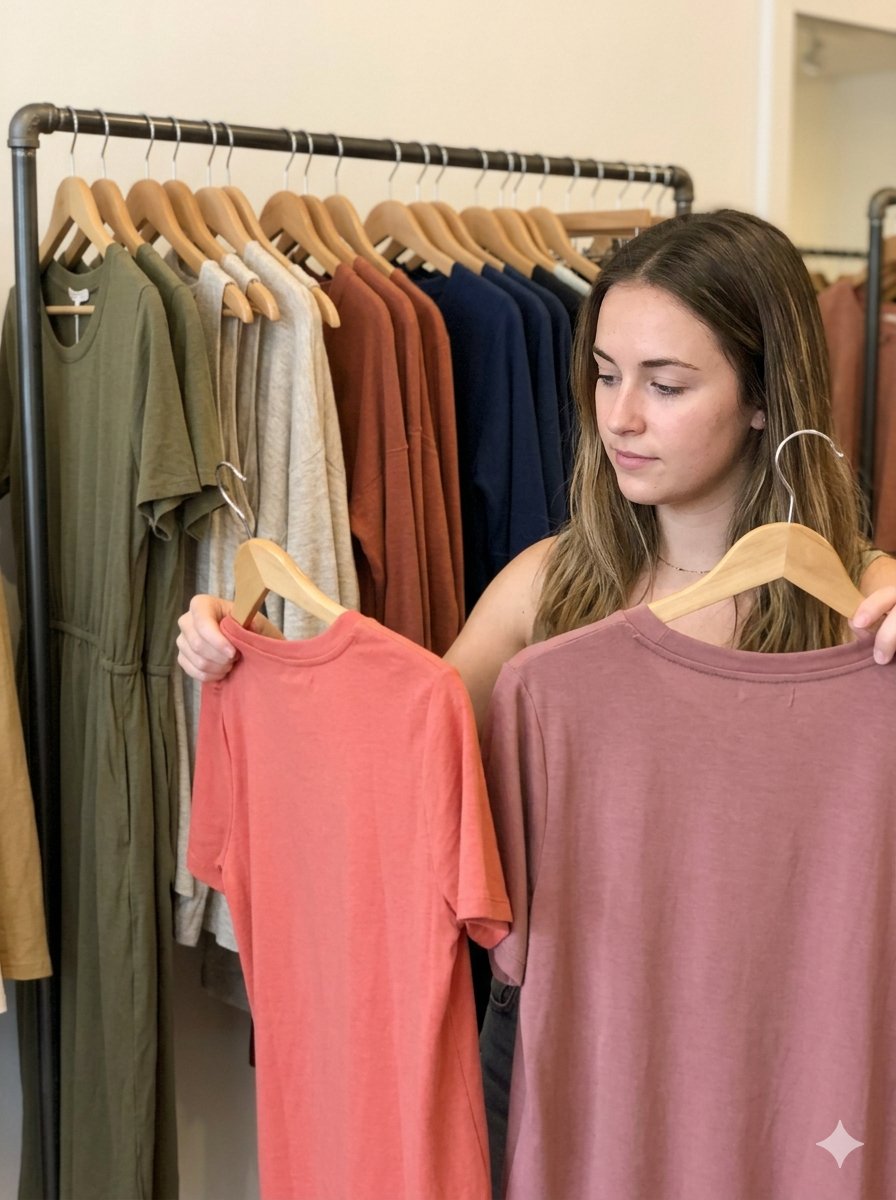 Vrouw vergelijkt kledingkleuren aan de hand van haar persoonlijke kleurenpalet bij het winkelen