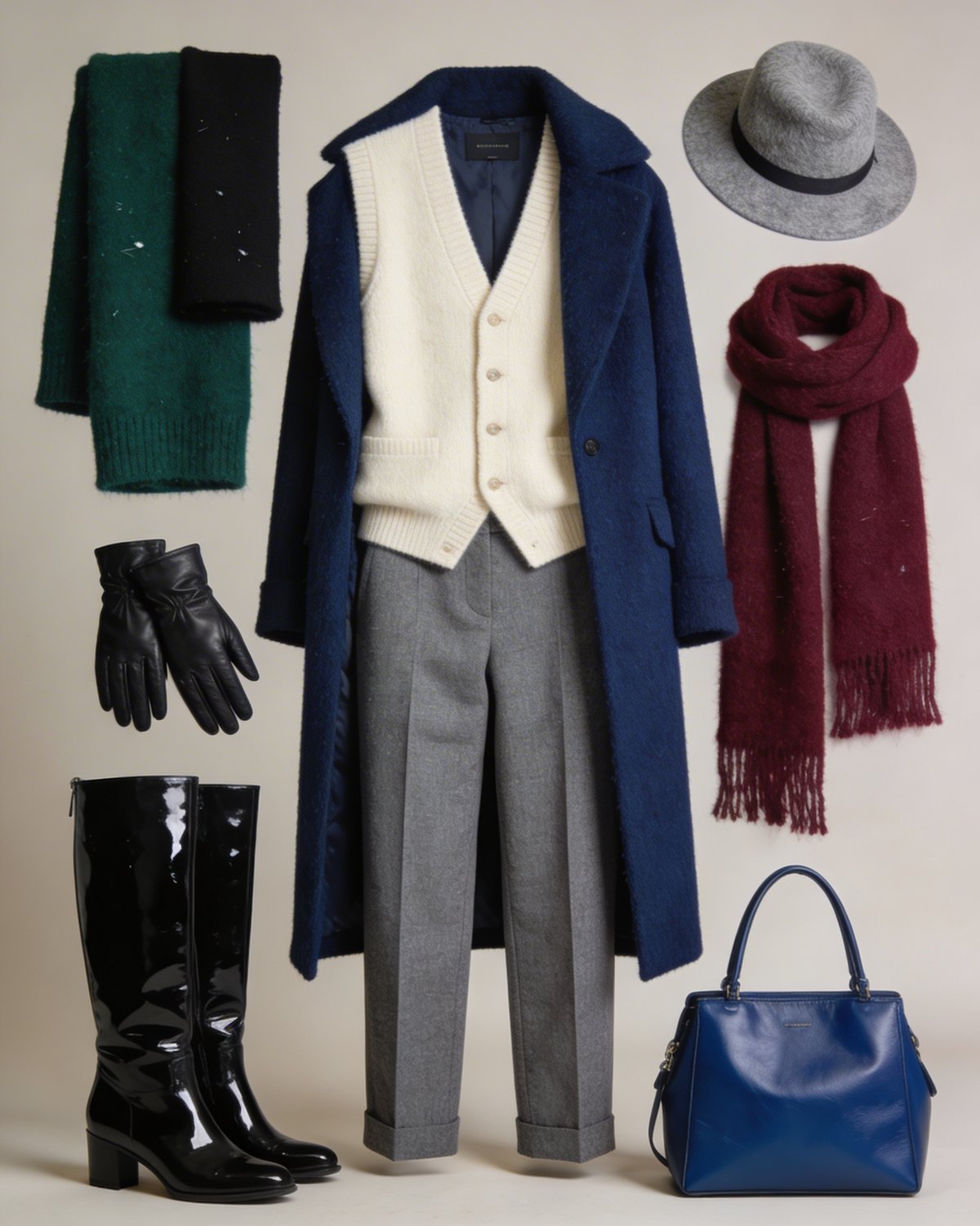 Complete outfit Koele Winter: marineblauw jas, cremekleurig vest, grijze broek, laarzen, muts, bordeauxrode en groene sjaals