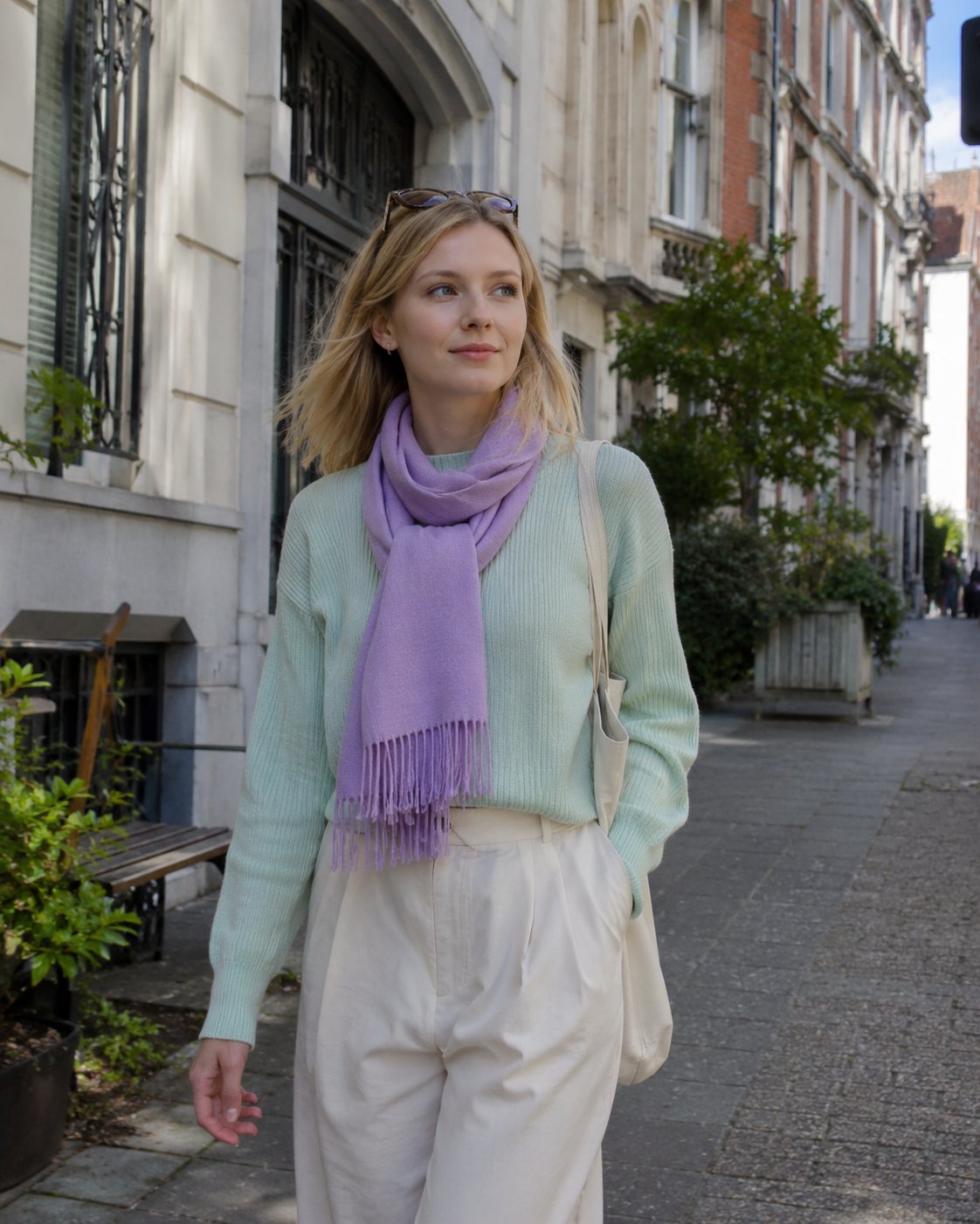 Vrouw in mintgroene trui en lila sjaal op straat, crèmekleurige broek — outfit voor het heldere lentetype