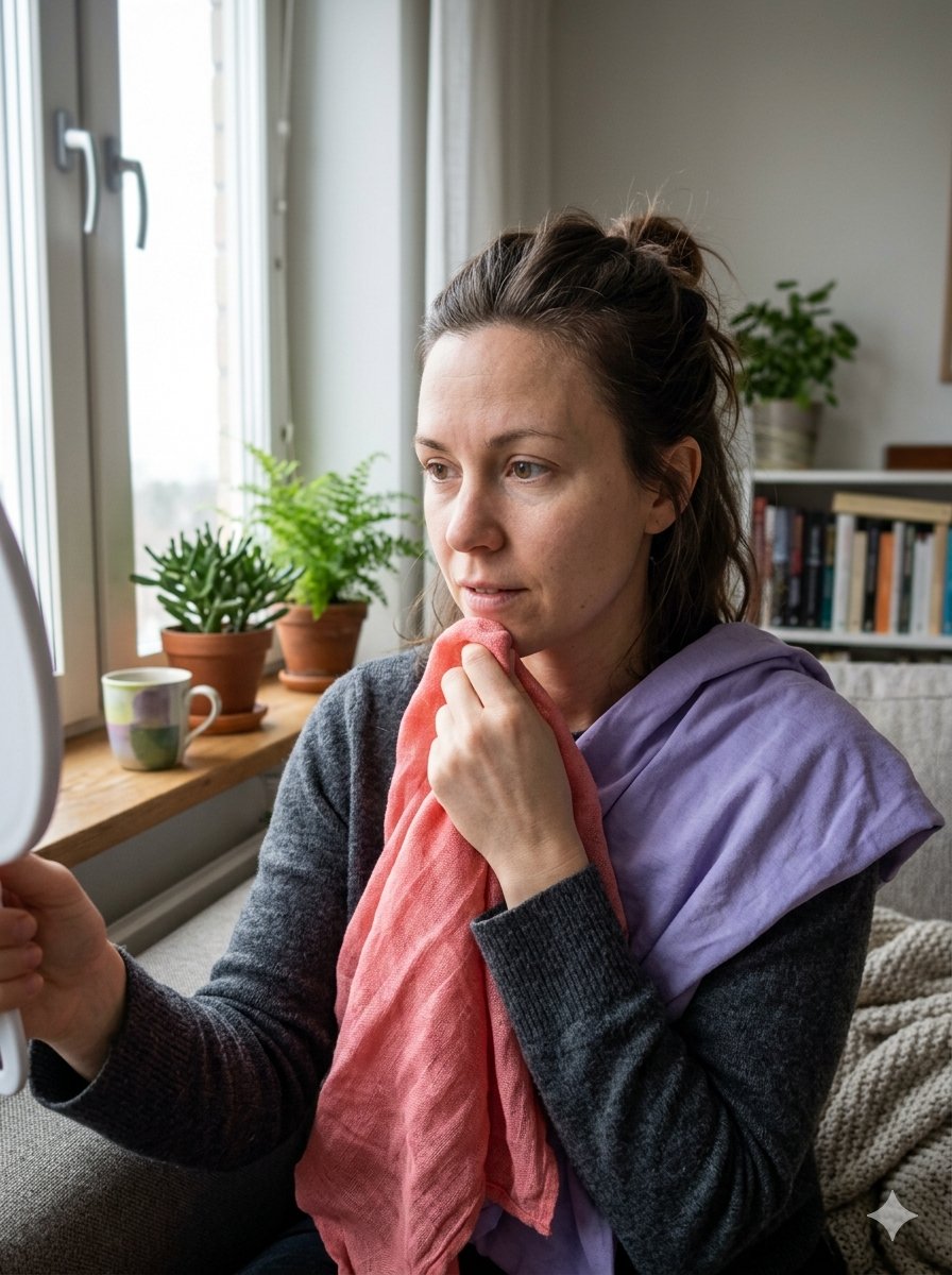 Vrouw houdt een gekleurde stof naast haar gezicht bij daglicht om het effect op haar huidtint te observeren