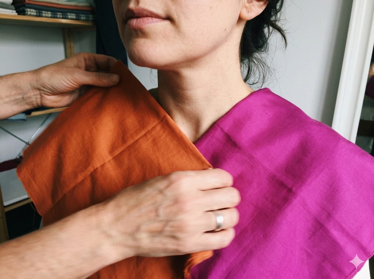 Kleuranalyse sessie met gekleurde drapings onder het gezicht van een klant in Nederland